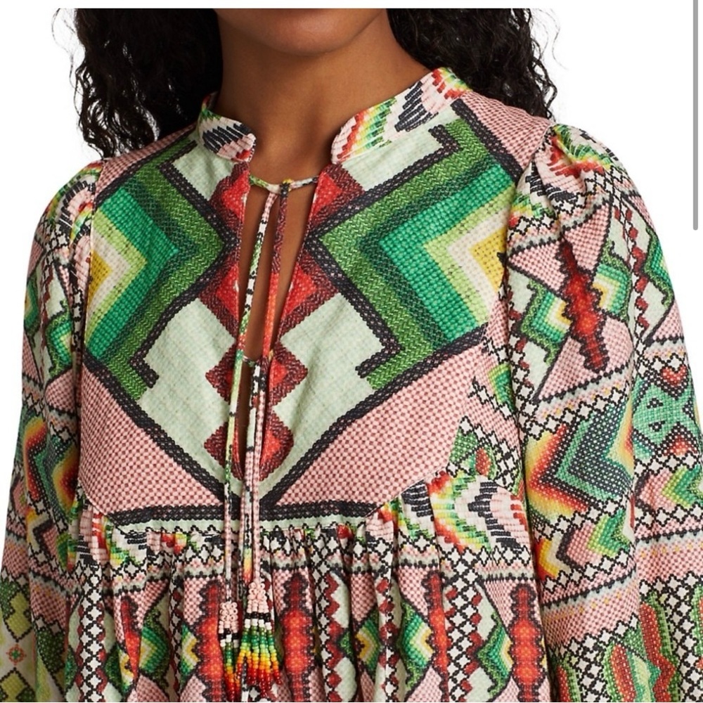 Farm Rio Dress Small S Anthropologie Amulet Midi Tassel Yawanawa Linen - Picture 3 of 12